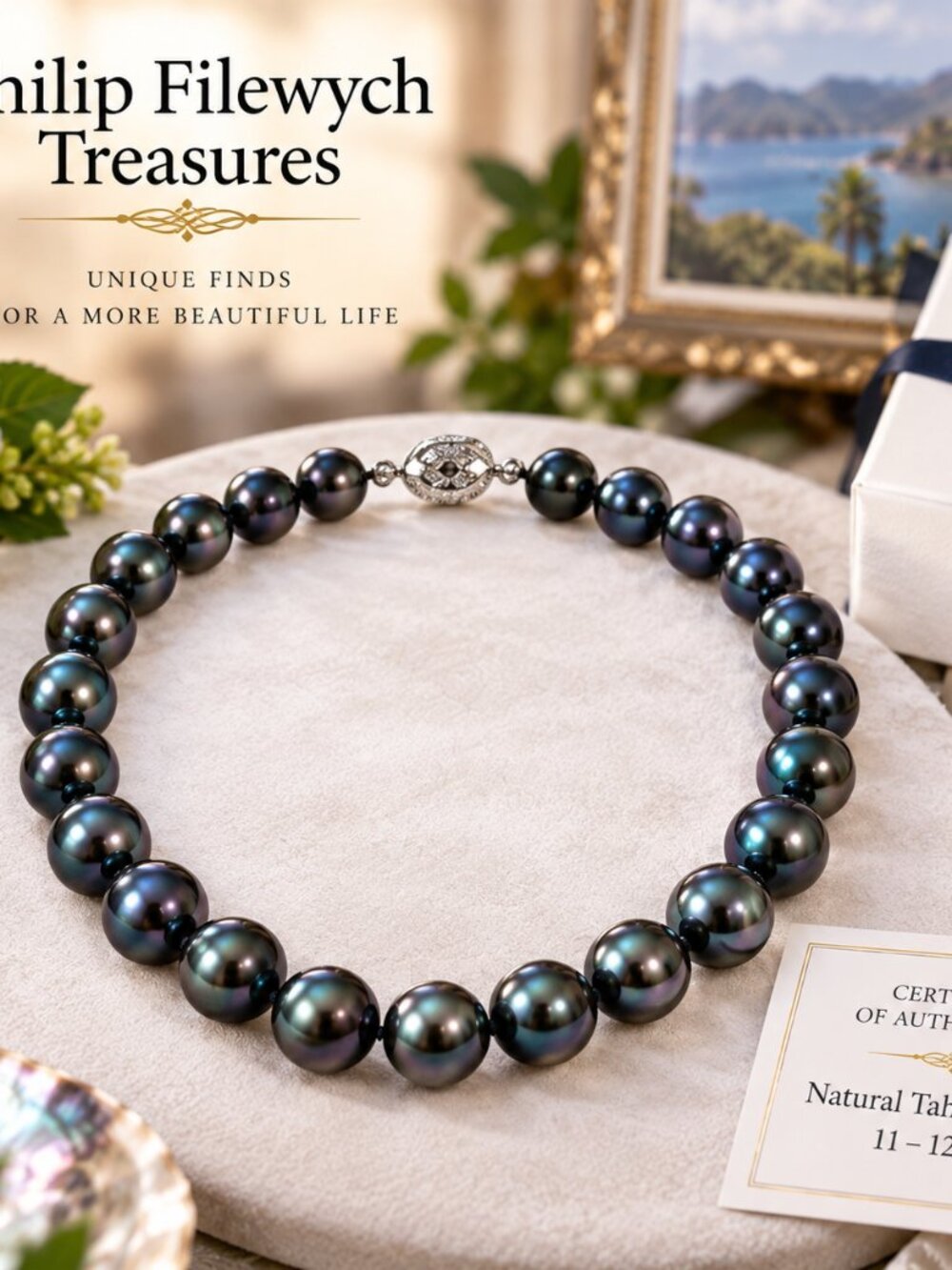 Pearl-42--AAAA Tahitian Black Pearl Necklace 11-12mm 18in 925 Certificate